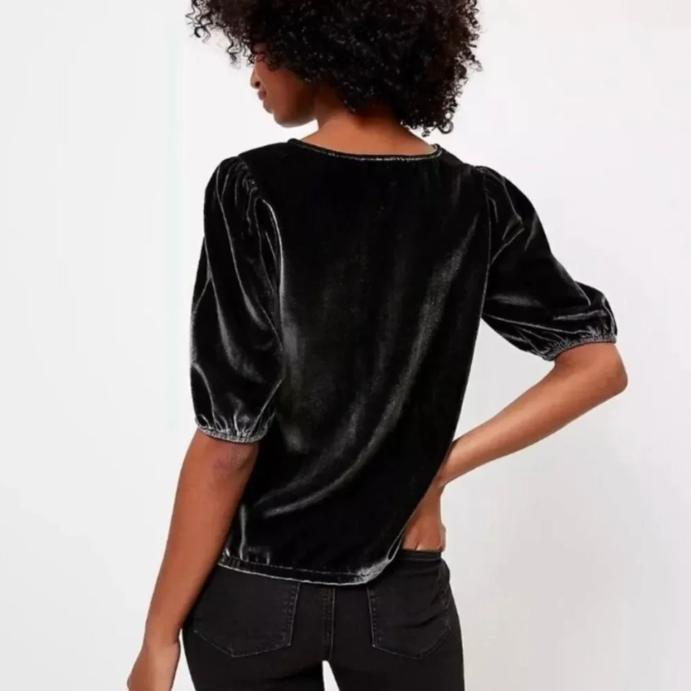 LOFT V-Neck Puff Sleeve Velvet Top Charcoal Gray S